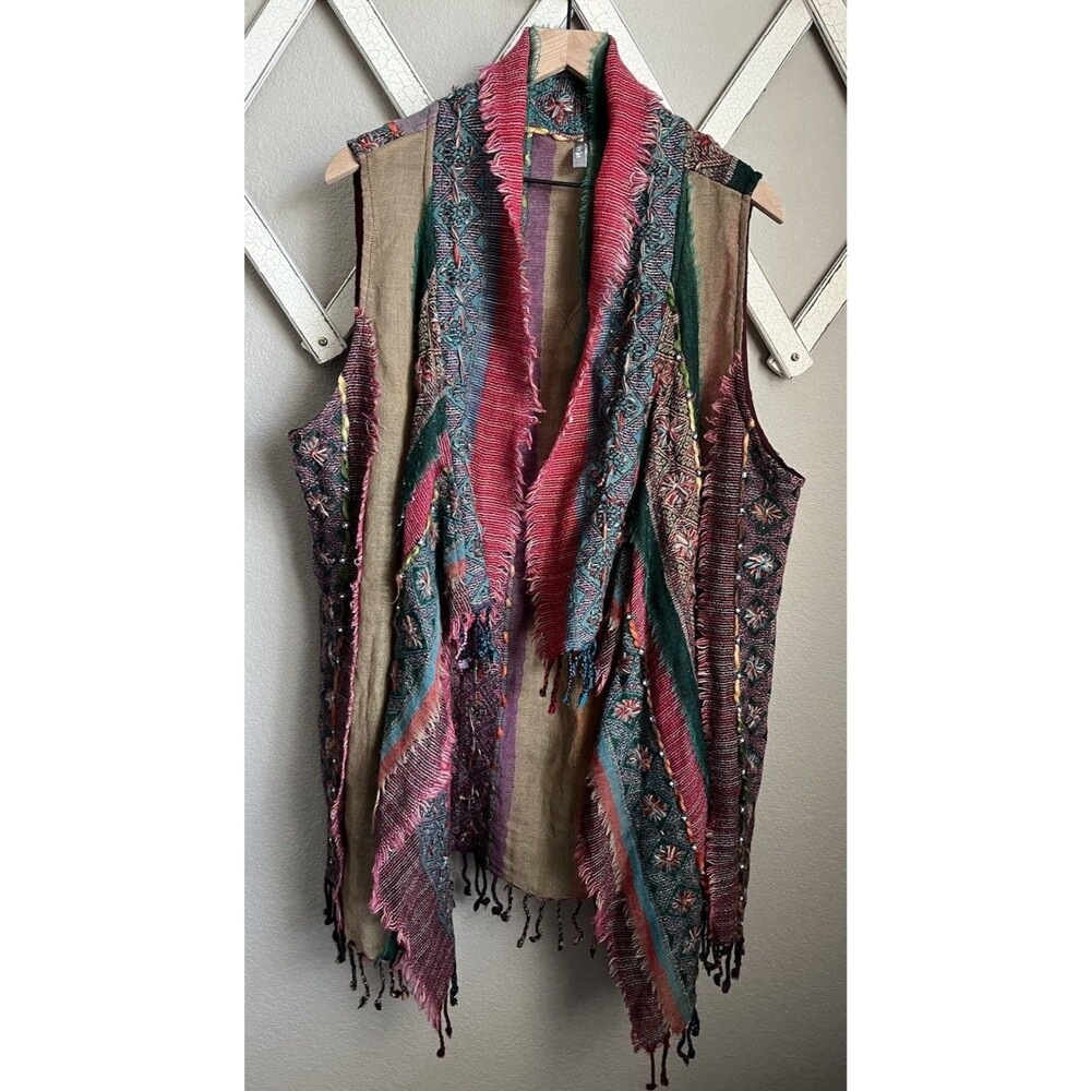ANU Women's XL Wool Art-to-Wear Boho Multicolor Open Front Vest